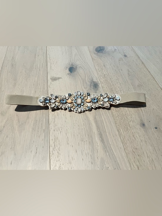 Express Accessories - Express Beige Elastic Belt with Blue and Cream Gem Embellishments